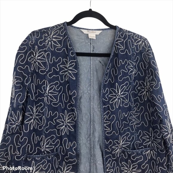 TanJay Floral Embroidered Oversized Denim Open Front Jacket Tencel cotton S P - Picture 5 of 13